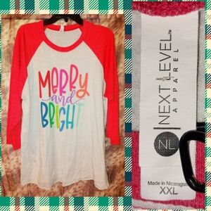 Next Level Apparel Red/Lt Gray/Multiclr Xmas Merry & Bright Knit Raglan Top XXL